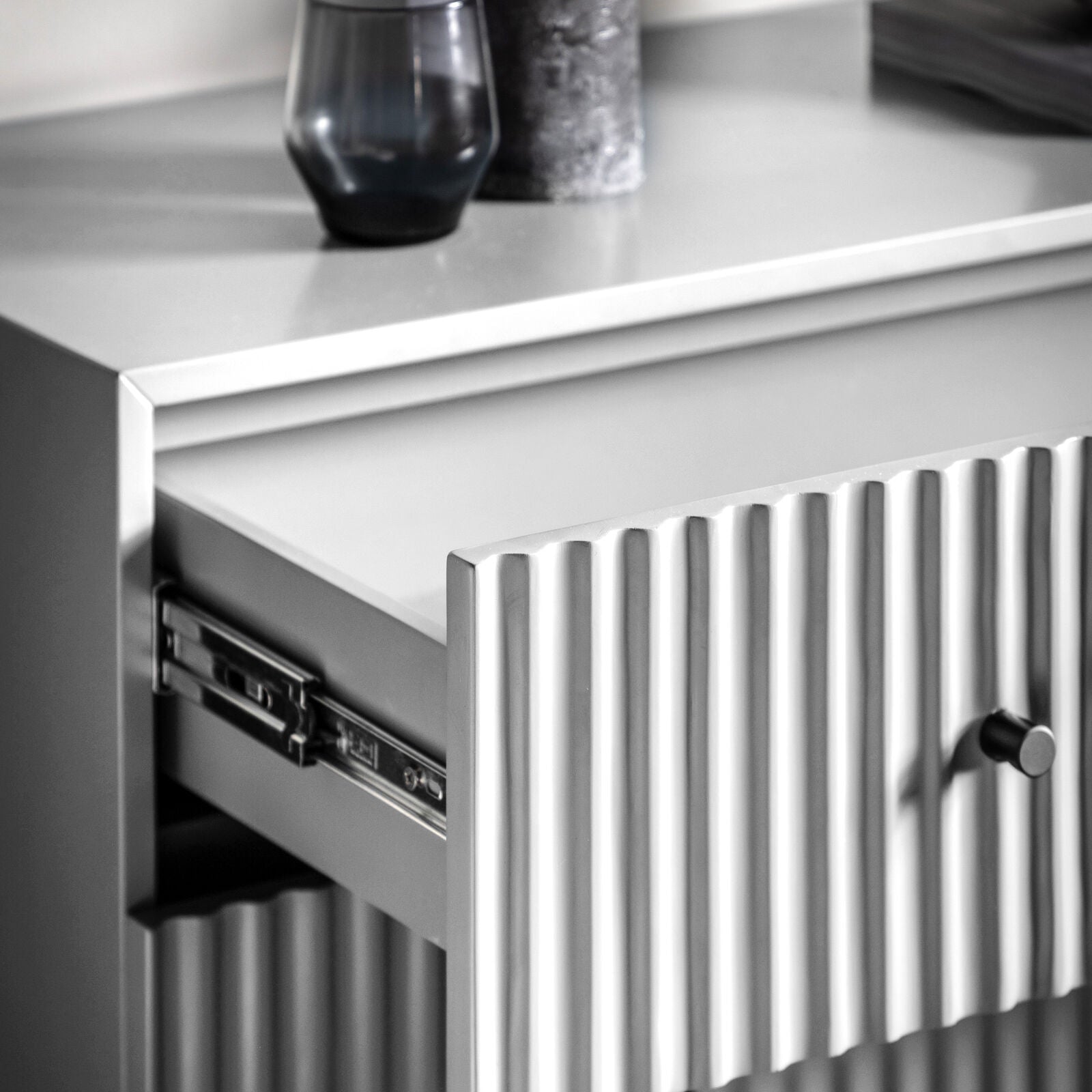 Flute White painted Chest of Drawers with scalloped fascia and black metal underframe | malletandplane.com