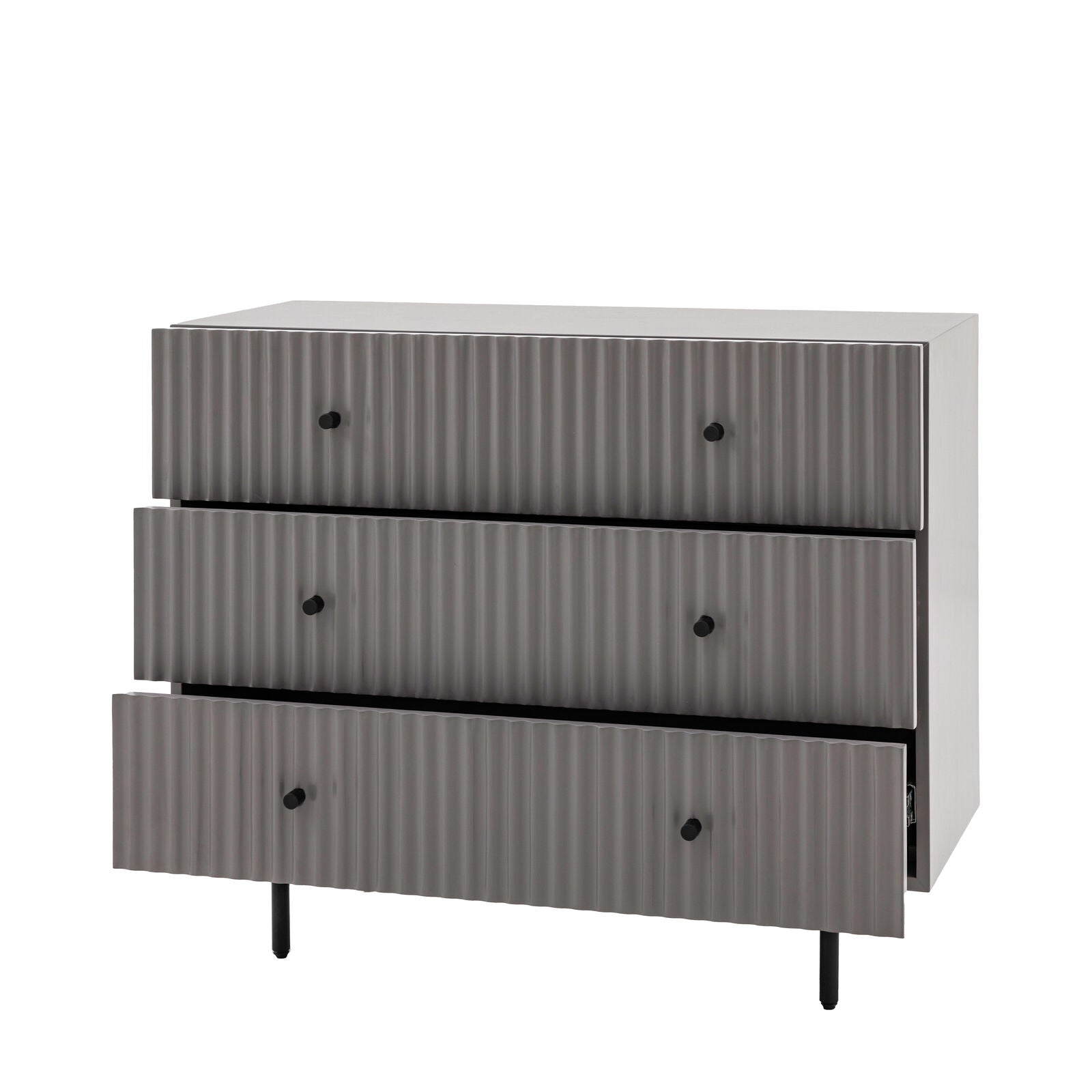 Flute Grey painted Chest of Drawers with scalloped fascia and black metal underframe | malletandplane.com