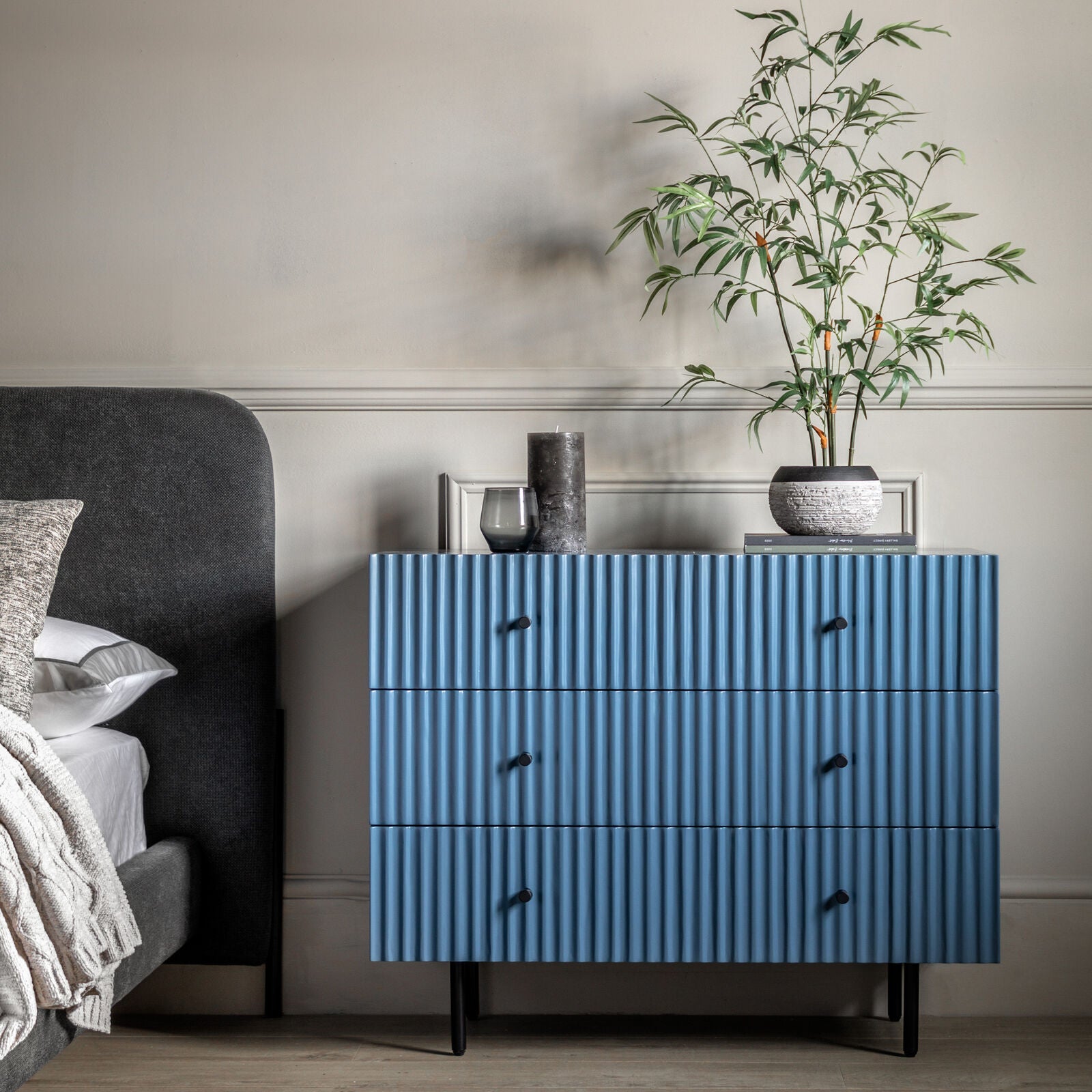 Flute Blue painted Chest of Drawers with scalloped fascia and black metal underframe | malletandplane.com