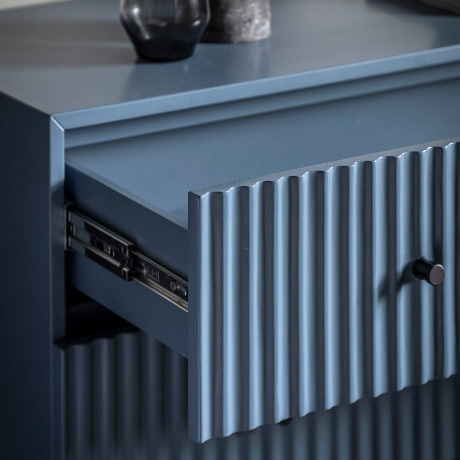 Flute Blue painted Chest of Drawers with scalloped fascia and black metal underframe | malletandplane.com