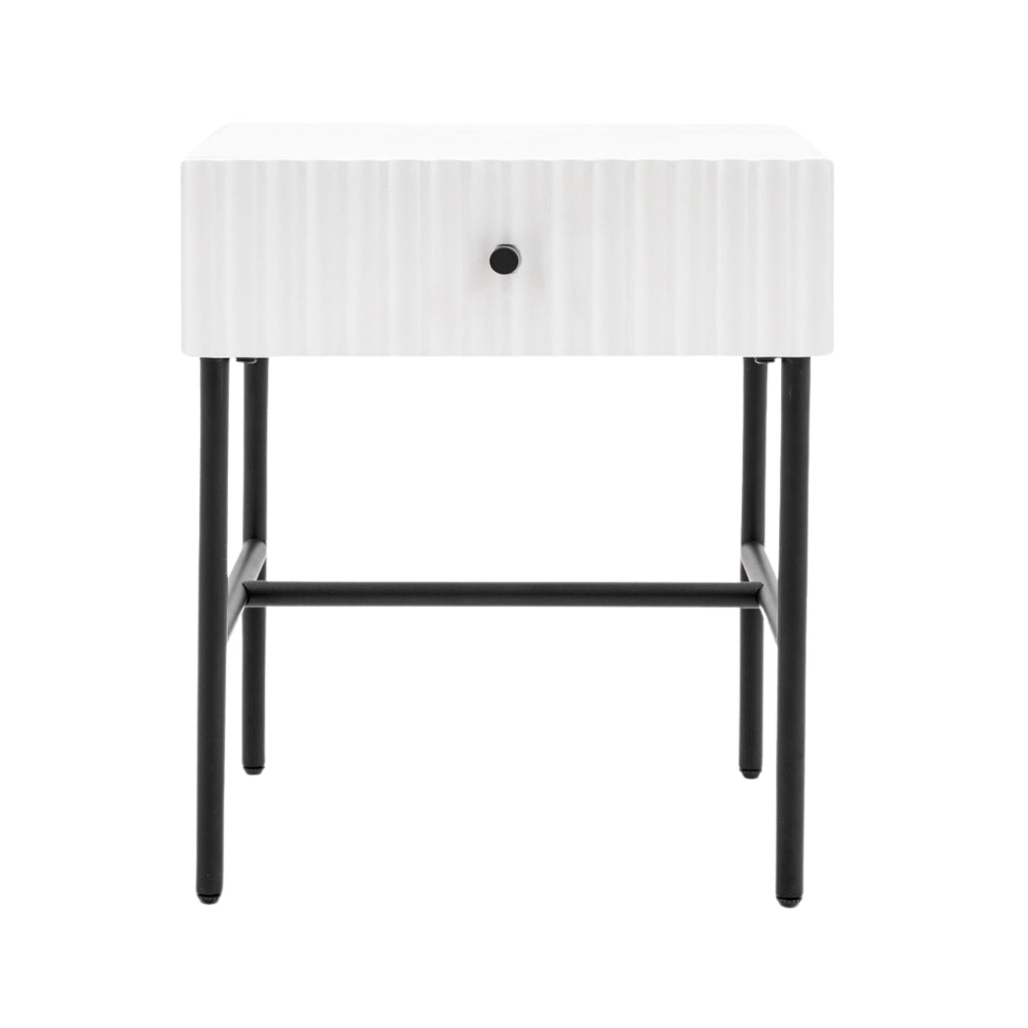 Flute bedside table with drawer in white finish with scalloped fascia and black metal underframe | malletandplane.com