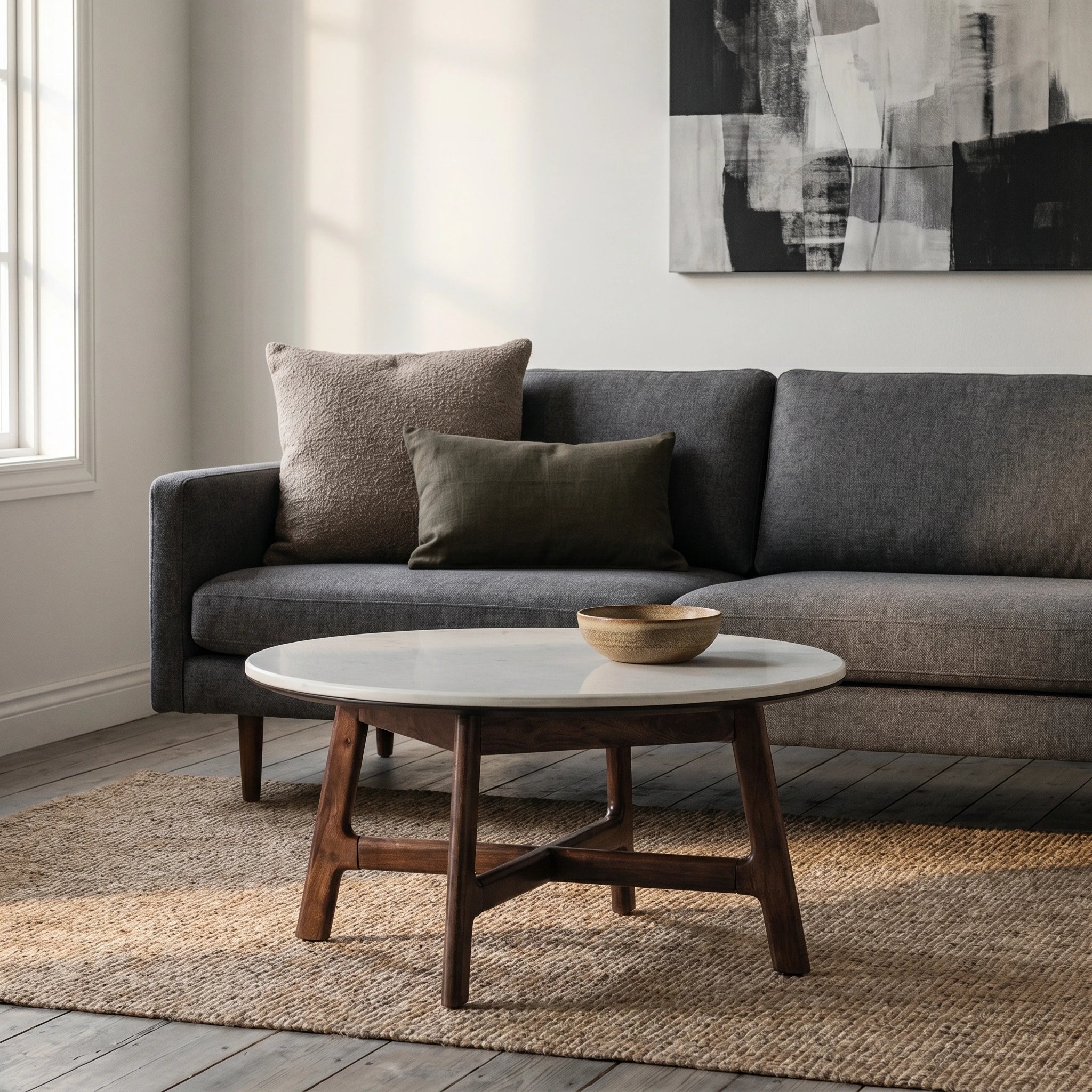 Fresca Round Coffee Table in walnut finish with marble top 