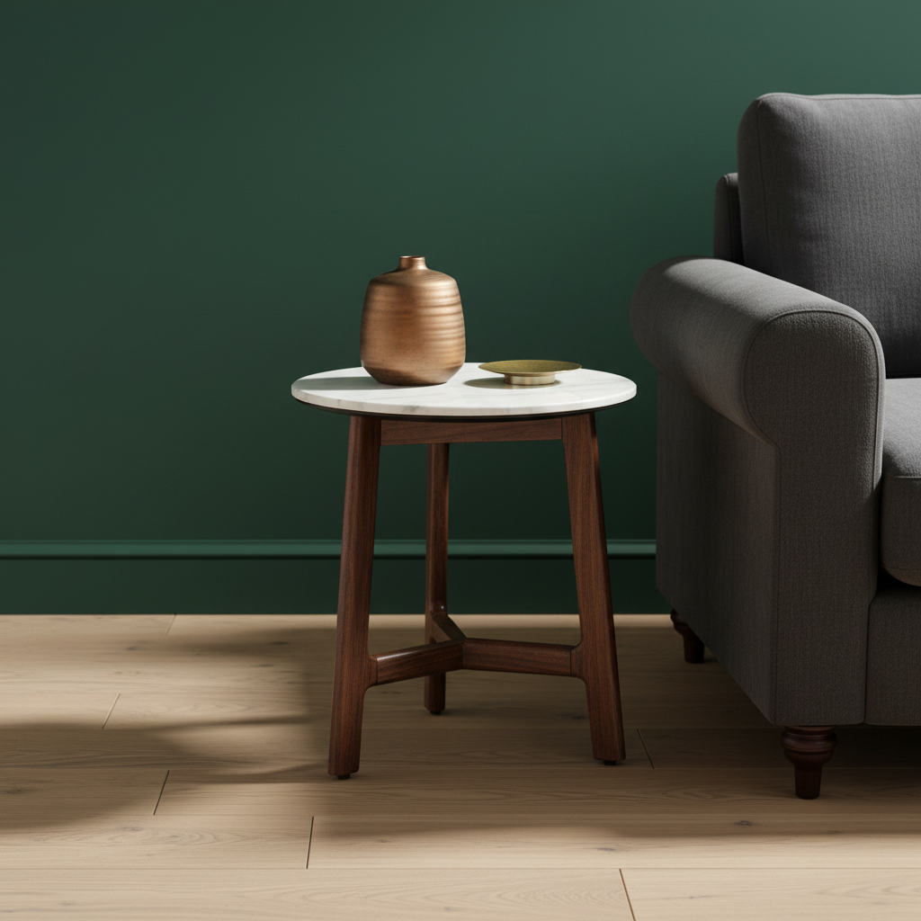 Fresca acacia wood side table in rich walnut finish with marble top