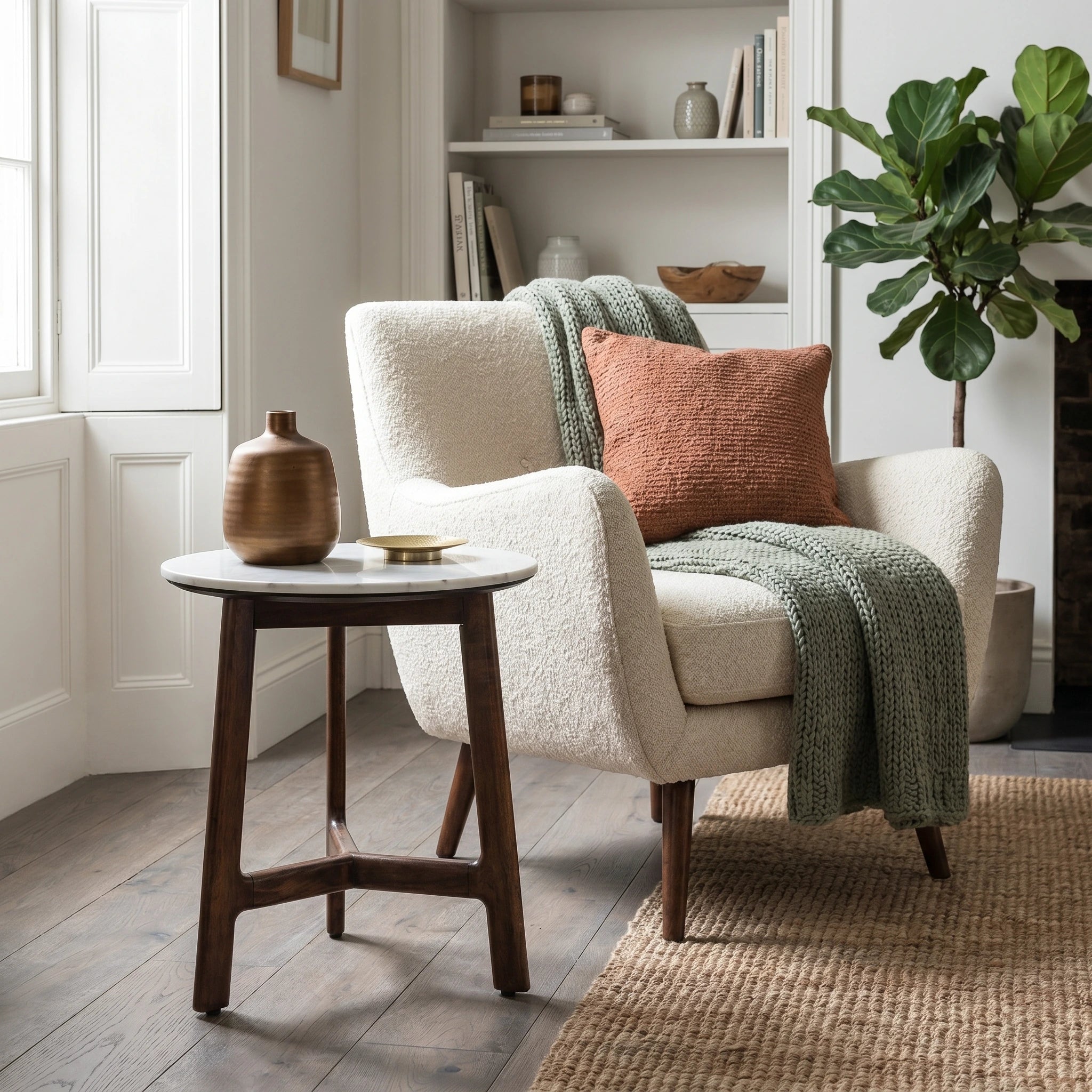 Fresca acacia wood side table in rich walnut finish with marble top