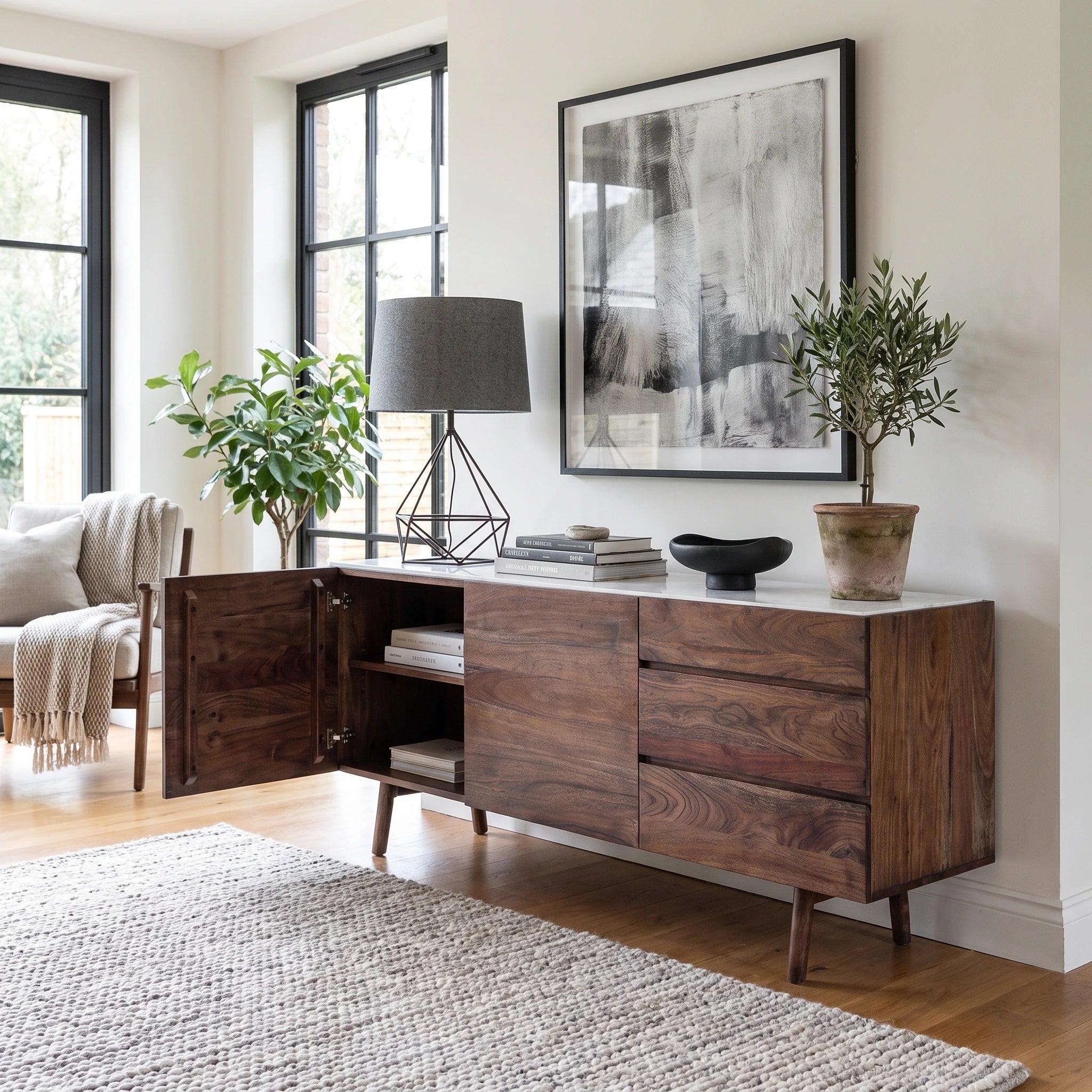 Fresca Mid Century Sideboard in Walnut with White Marble Top