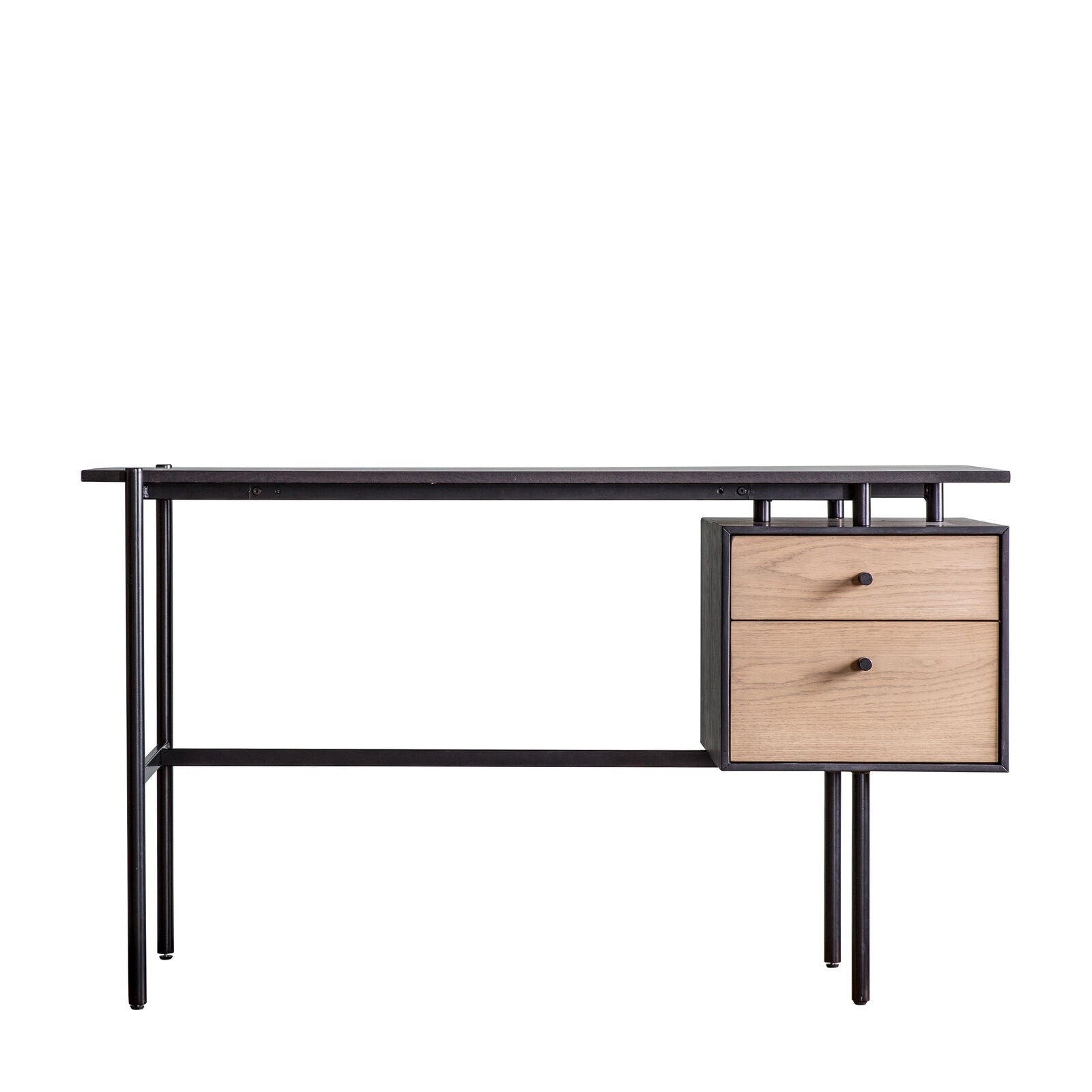 Fulham contemporary style home study desk with black oak surface and natural oak drawer fronts with a black metl frame | malletandplane.com
