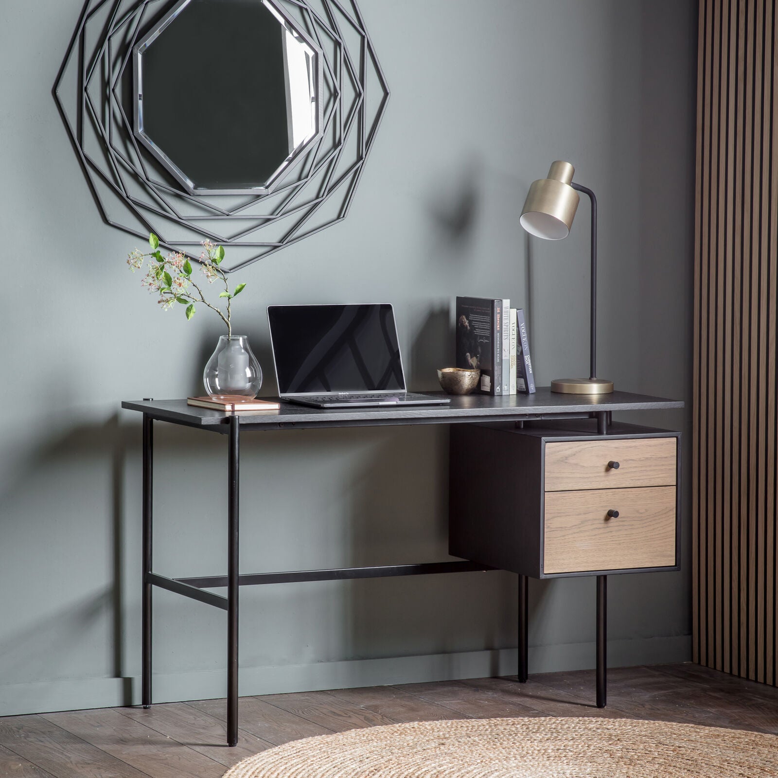 Fulham contemporary style home study desk with black oak surface and natural oak drawer fronts with a black metl frame | malletandplane.com