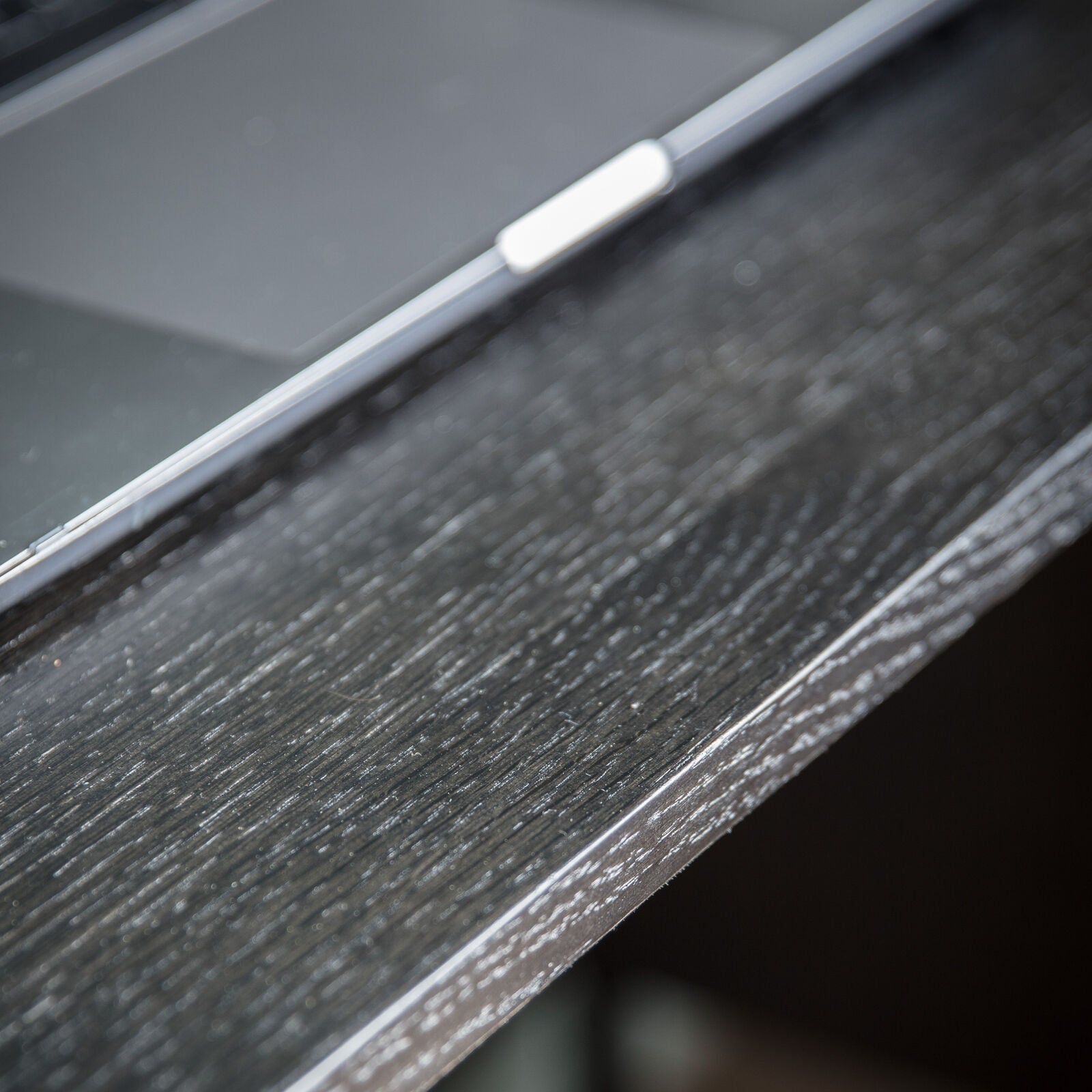 Fulham contemporary style home study desk with black oak surface and natural oak drawer fronts with a black metl frame | malletandplane.com