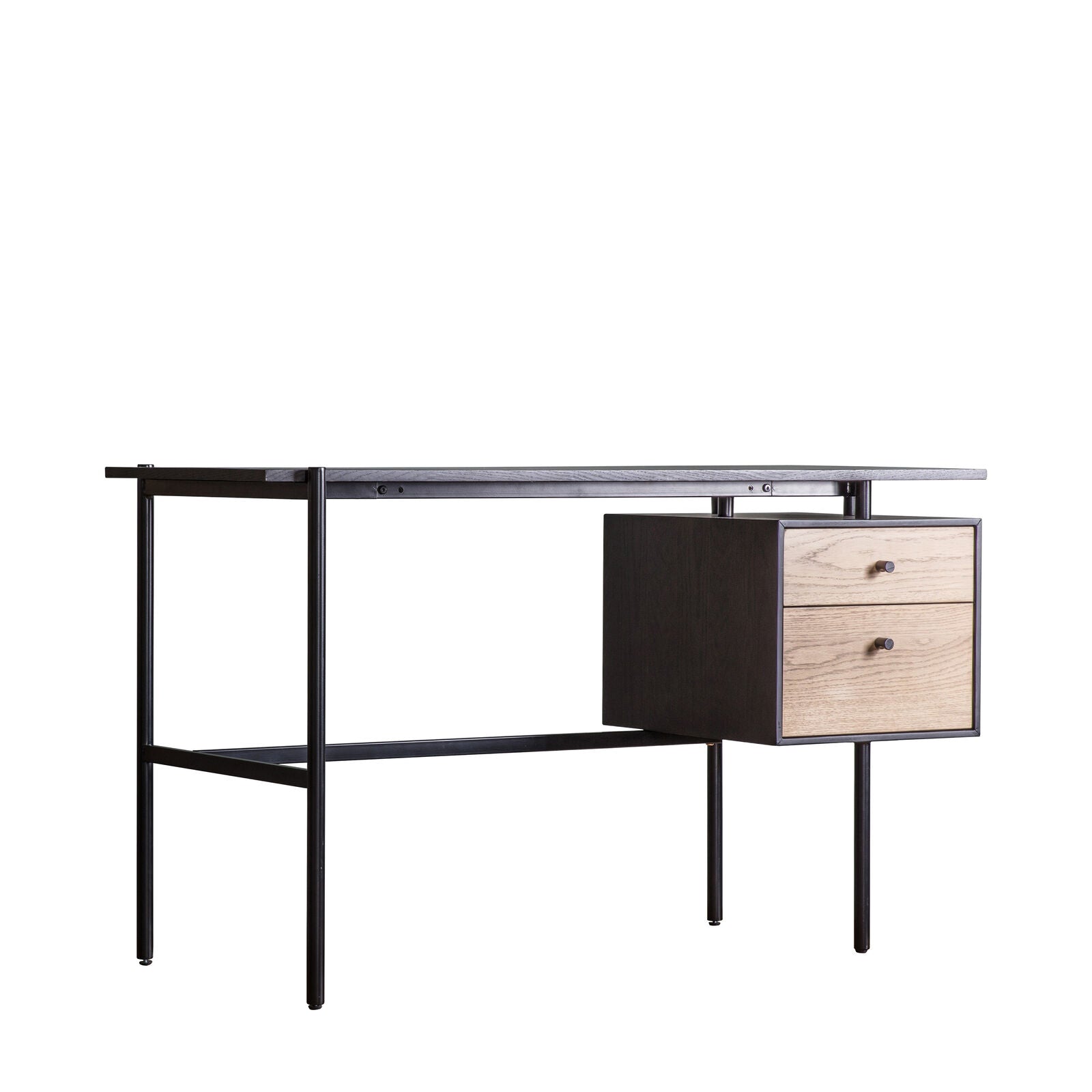 Fulham contemporary style home study desk with black oak surface and natural oak drawer fronts with a black metl frame | malletandplane.com