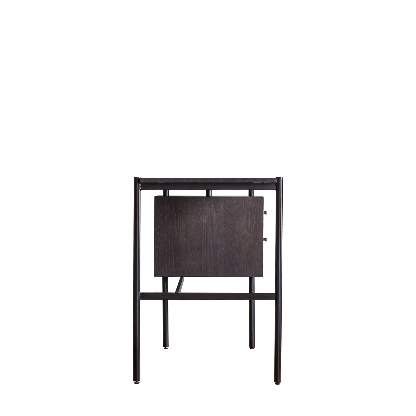 Fulham contemporary style home study desk with black oak surface and natural oak drawer fronts with a black metl frame | malletandplane.com