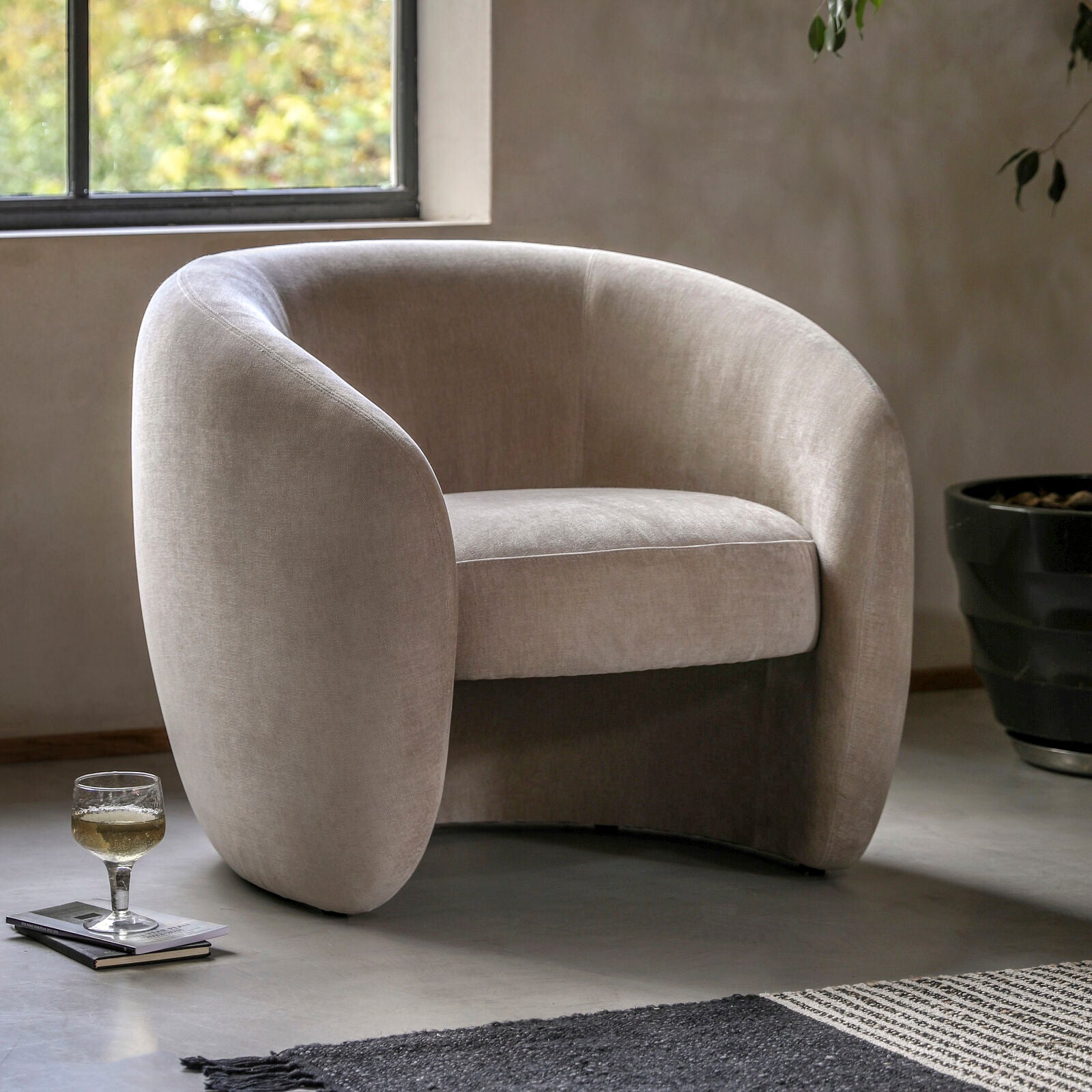 Sofia curved retro style armchair in moss green, espresso grey or soft cream fabric | malletandplane.com