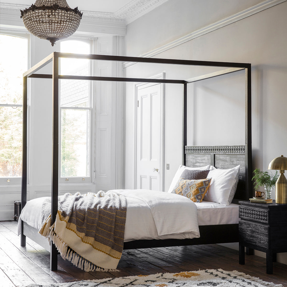 Laylah super king size 4 poster bed frame in charcoal black with inlaid detailing | malletandplane.com