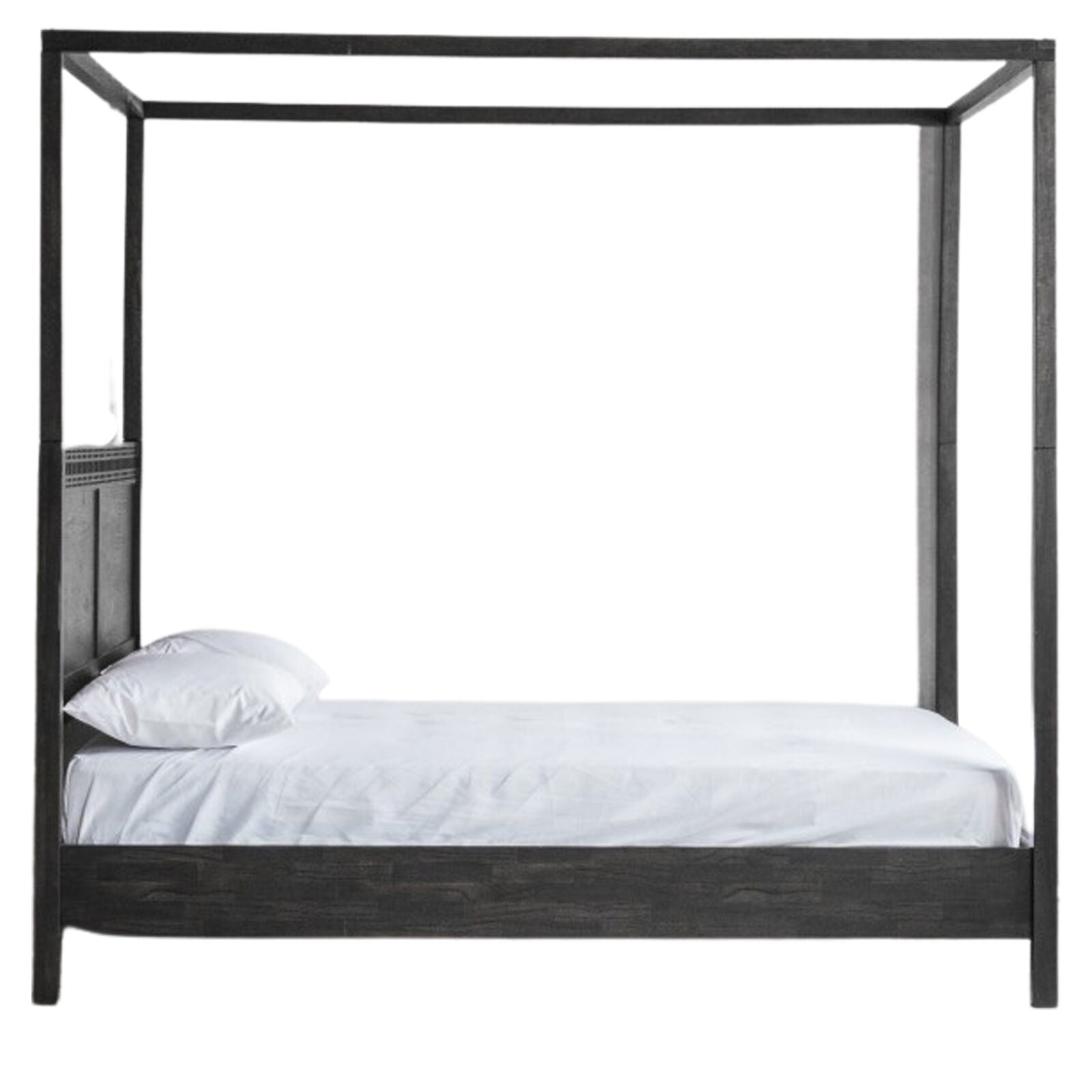 Laylah super king size 4 poster bed frame in charcoal black with inlaid detailing | malletandplane.com