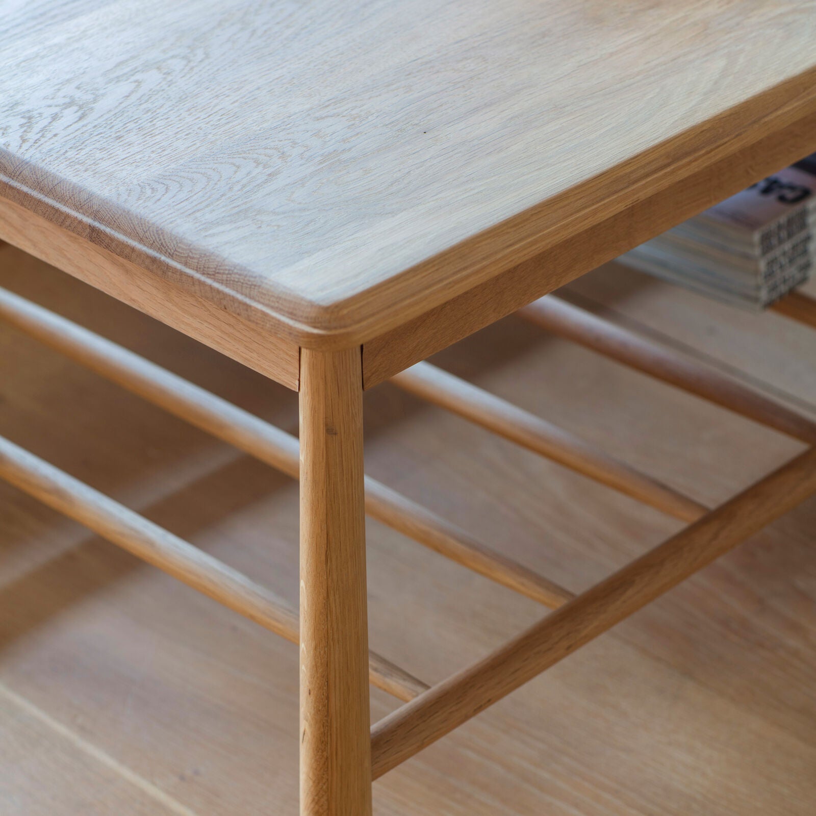 Axel natural oak coffee table with spindle shelf | malletandplane.com