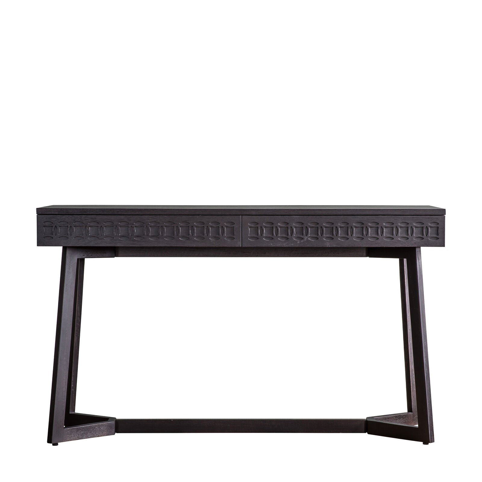 Laylah charcoal black 2 drawer desk with blind fret work | malletandplane.com