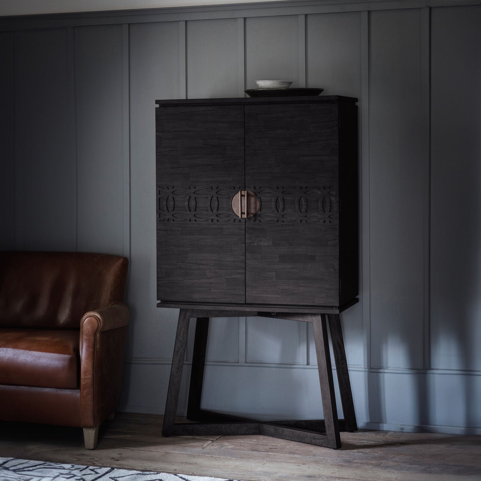 Laylah mixed wood charcoal black cocktail cabinet | malletandplane.com