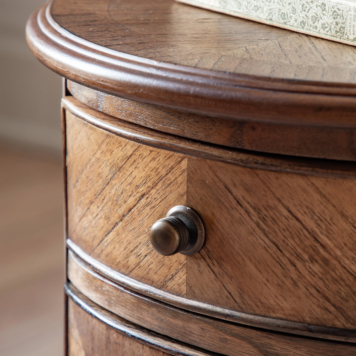 Round Wooden Bedside Table with Drawer & Cupboard and mini wood marquetry finish – 45cm – Elvet