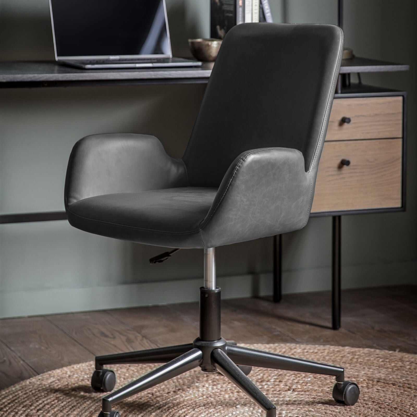 Dawson charcoal faux leather adjustable swivel chair | malletandplane.com