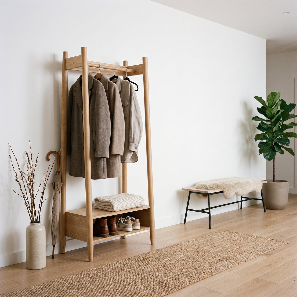 HATFIELD natural oak open wardrobe with hanging rail and lower shelf