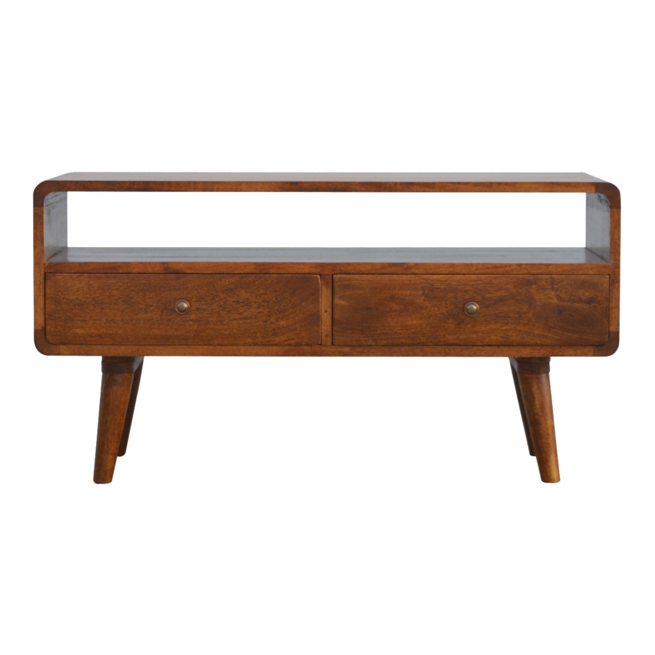 Century handmade wooden TV stand with 2 drawers in deep chestnut finish  | malletandplane.com 