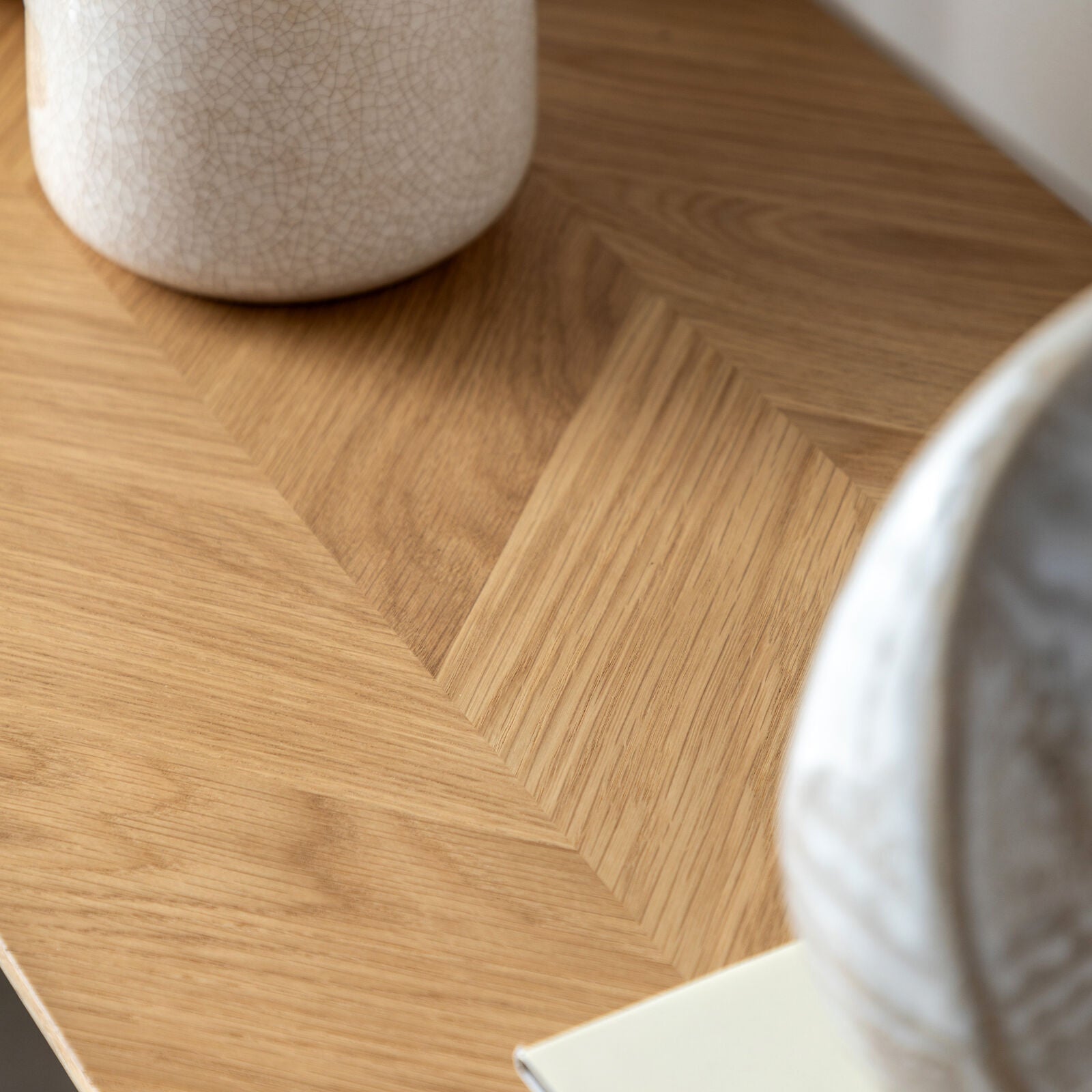 Jakob Oak Slim Console Table with inlaid chevron and matte laquer finish | malletandplane.com