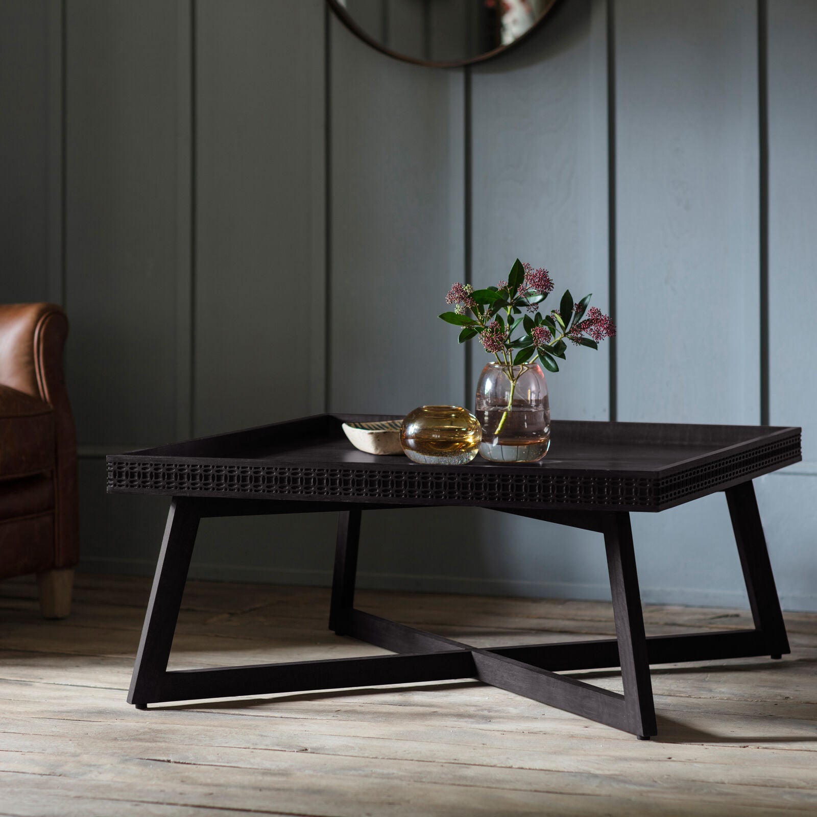 Laylah Charcoal black coffee table with inlaid pattern | malletandplane.com