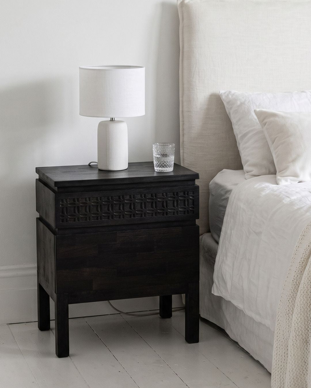 Laylah Black 2 Drawer Bedside Table - detail and lifestyle 
