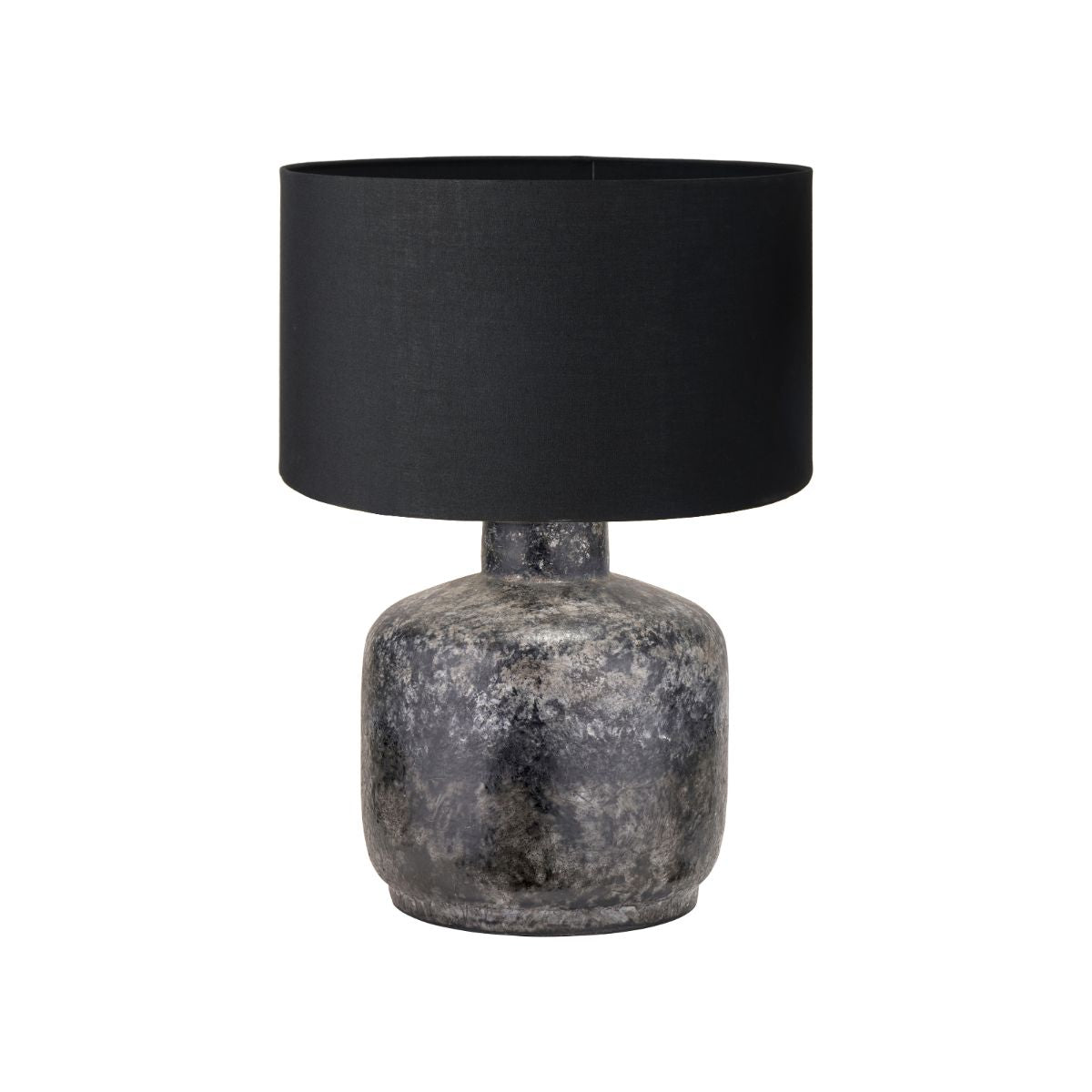 LOKI Volcanic-Effect Grey Stoneware Table Lamp – 30cm Black Shade