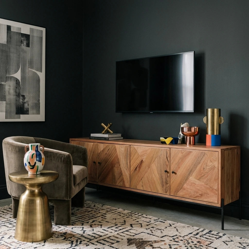 Lunde acacia wood media unit with four doors and black iron legs