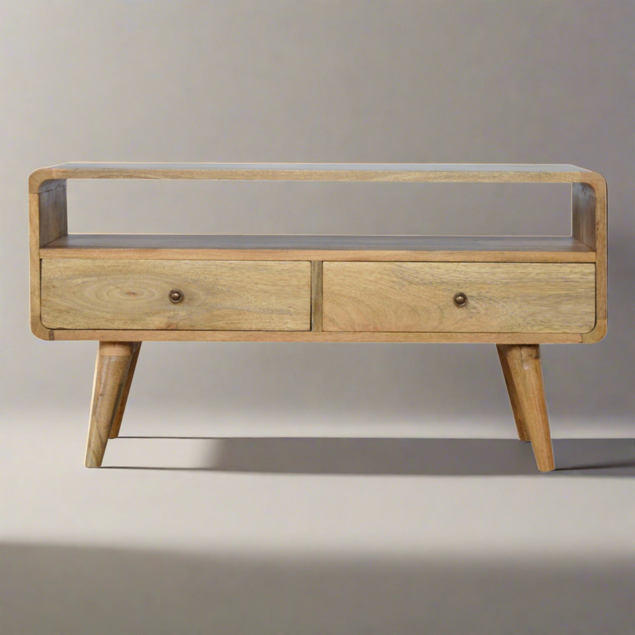 Modal Handmade Solid Wood TV Stand with 2 Drawers and an Open Slot in Natural Oak-ish finish | malletandplane.com