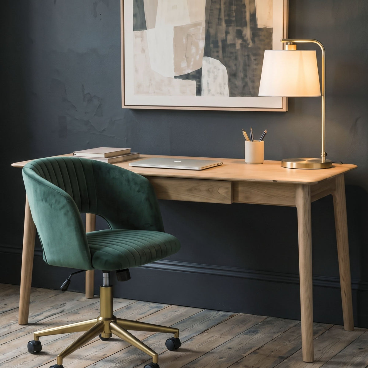 MURRAY green velvet swivel desk chair with gold-toned castor base