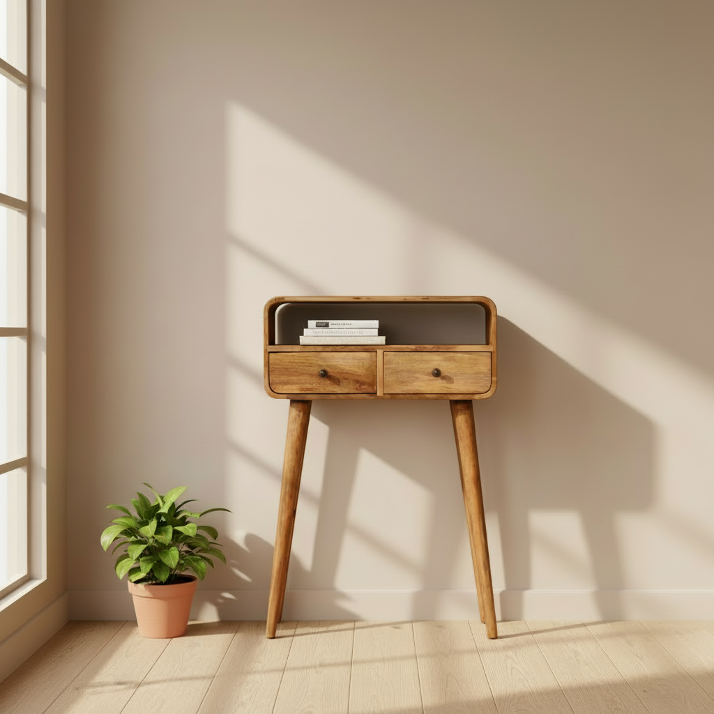 Modal Handmade Solid Wood 2 Drawer Small Console Table in Oak-ish finish | malletandplane.com