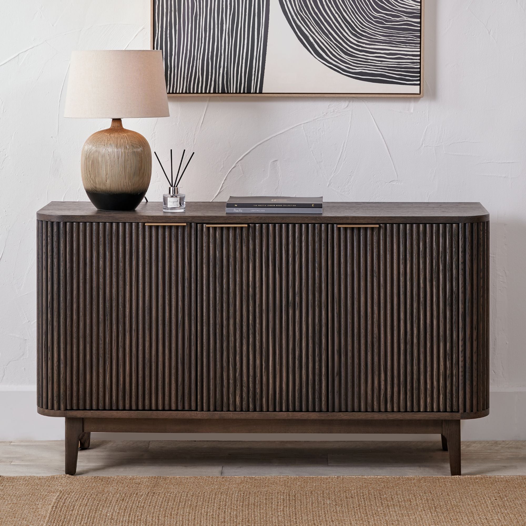 NORR Ribbed oak and pine wood 3 door sideboard in walnut finish | malletandplane.com