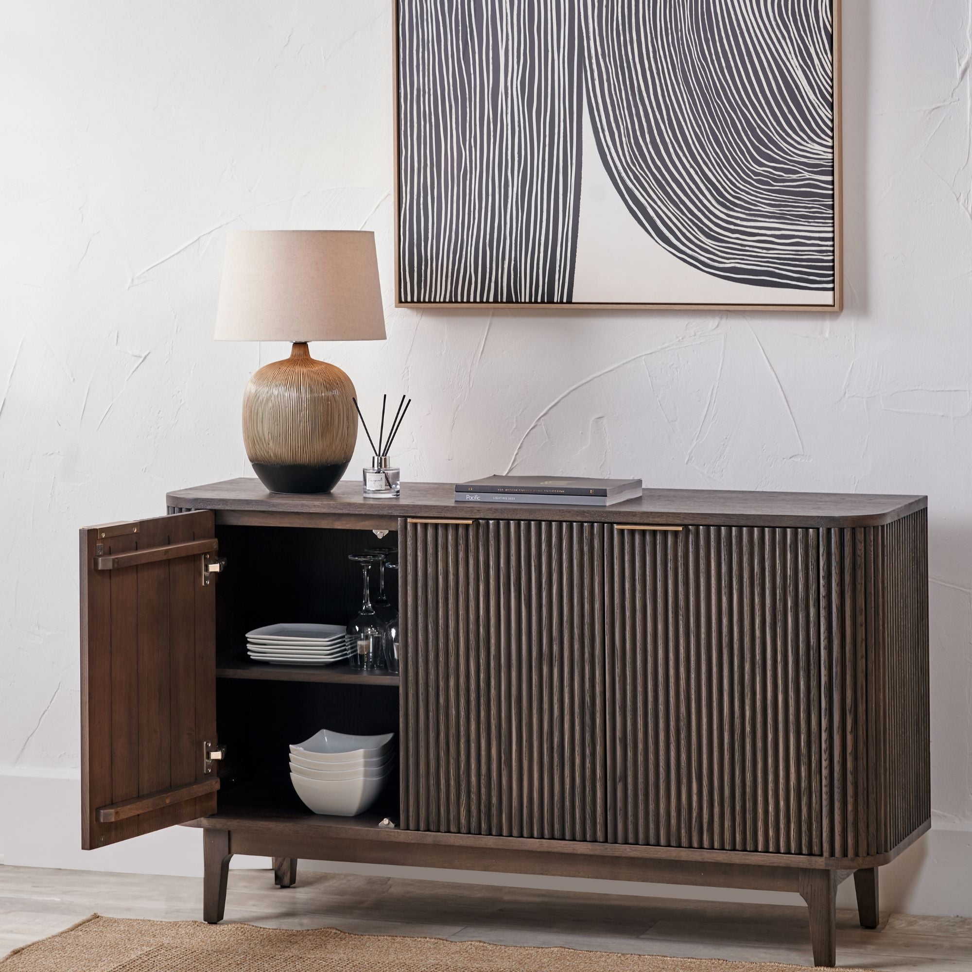 NORR Ribbed oak and pine wood 3 door sideboard in walnut finish | malletandplane.com