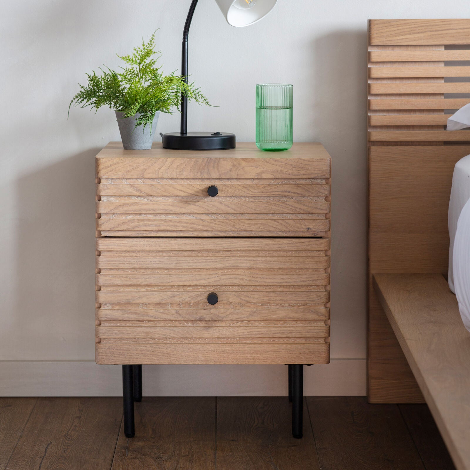 OKAYAMA 2 drawer Japandi style bedside table in natural oak finish | malletandplane.com