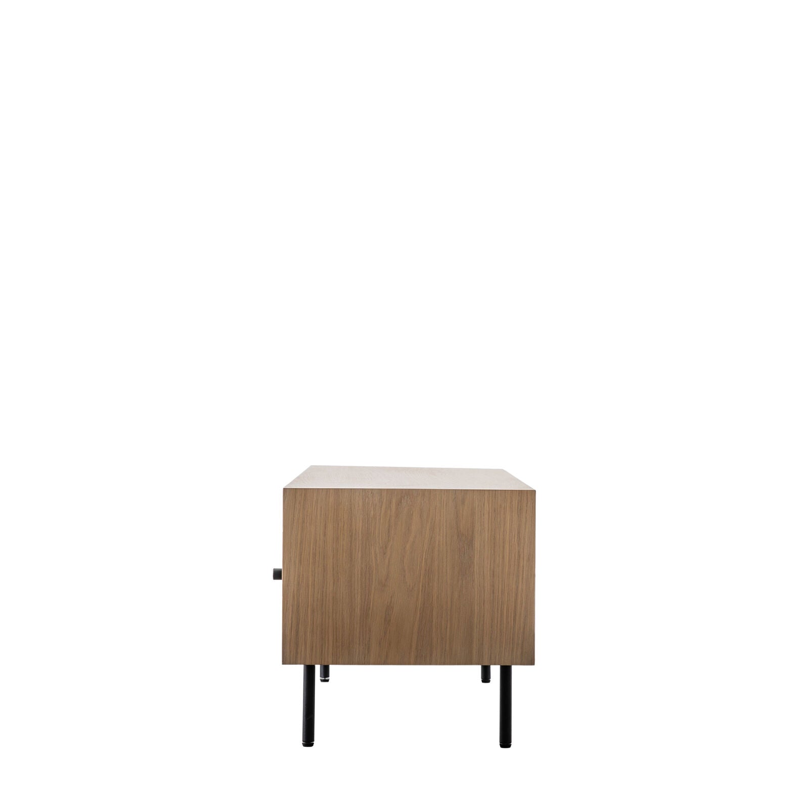 OKAYAMA oak and steel media unit with sliding doors and Japandi slatted detailing | malletandplane.com