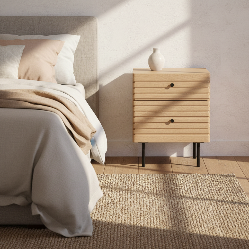 OKAYAMA 2 drawer Japandi style bedside table in natural oak finish | malletandplane.com