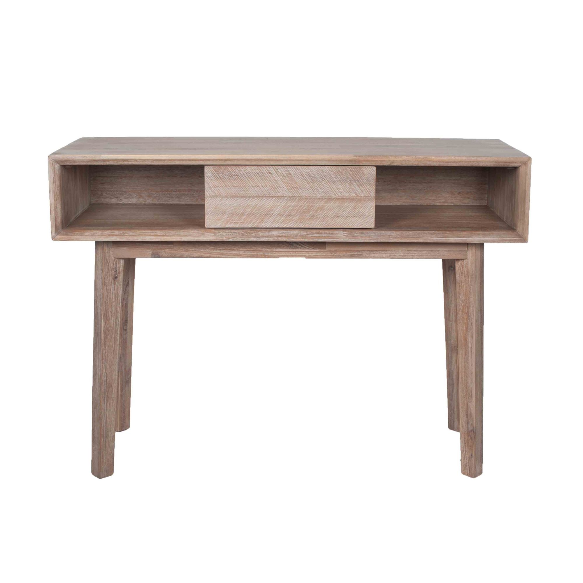 Orsa sand washed solid acacia wood console table with 1 drawer and 2 open slots | malletandplane.com