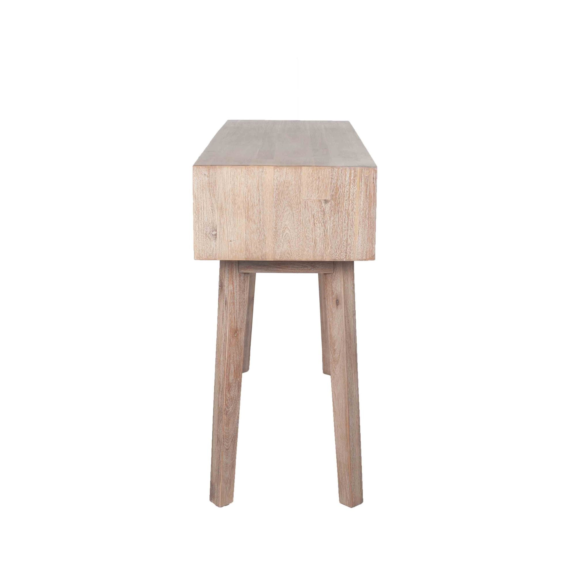 Orsa sand washed solid acacia wood console table with 1 drawer and 2 open slots | malletandplane.com
