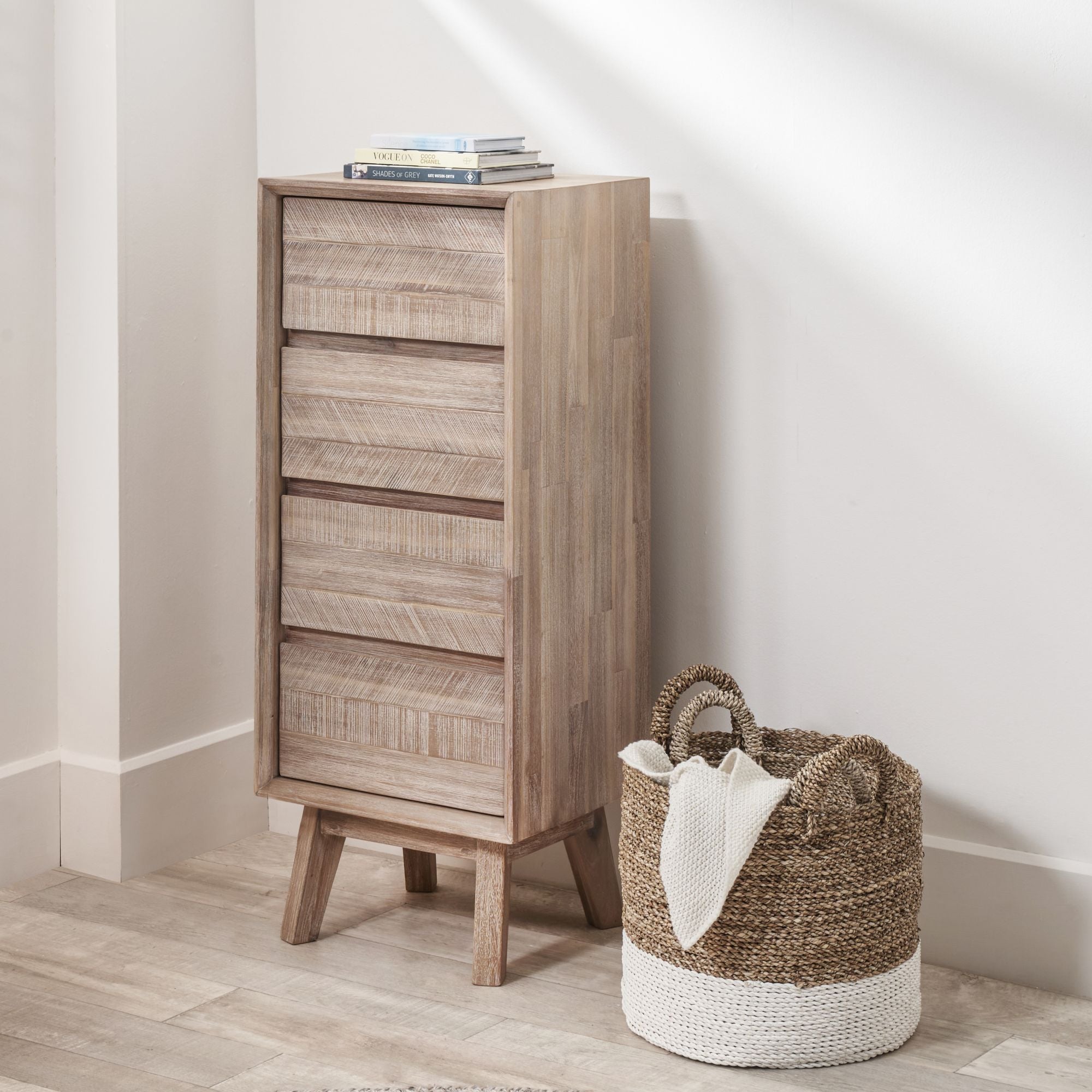 Orsa acacia wood 4 drawer tallboy | malletandplane.com