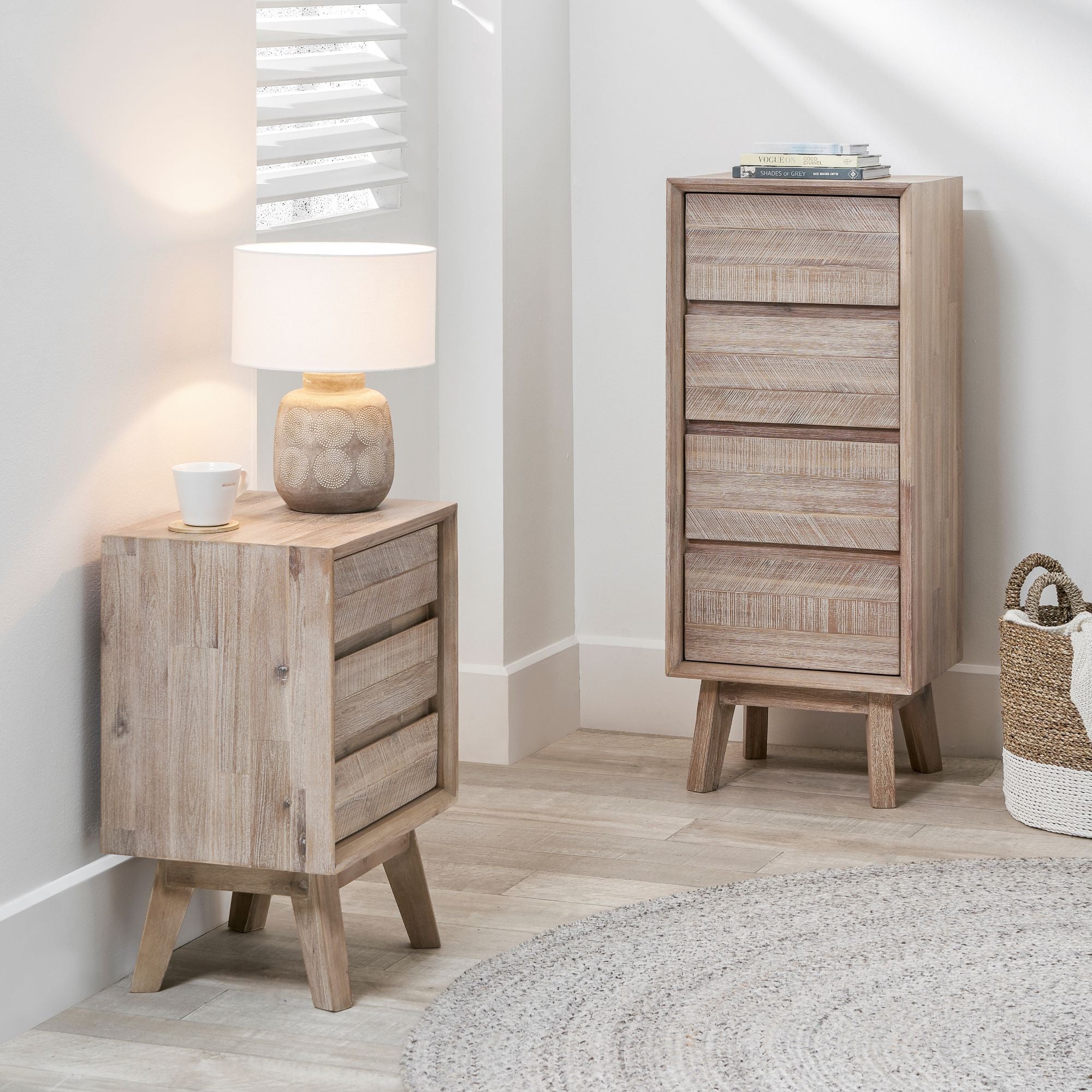 Orsa acacia wood 4 drawer tallboy | malletandplane.com