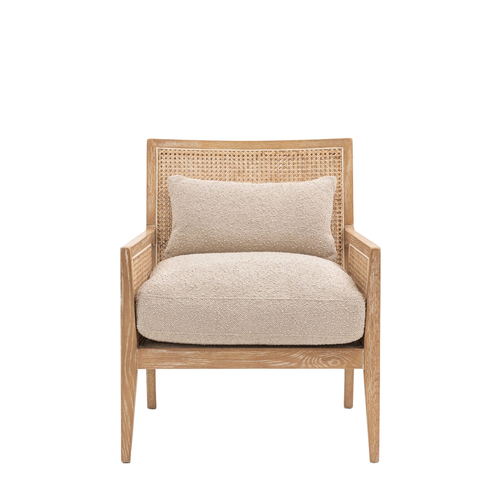 Osaka Natural Rattan Armchair with solid wood frame, woven rattan backrest and cream upholstered seat — stylish Scandinavian accent chair for living rooms and bedrooms. | malletandplane.com