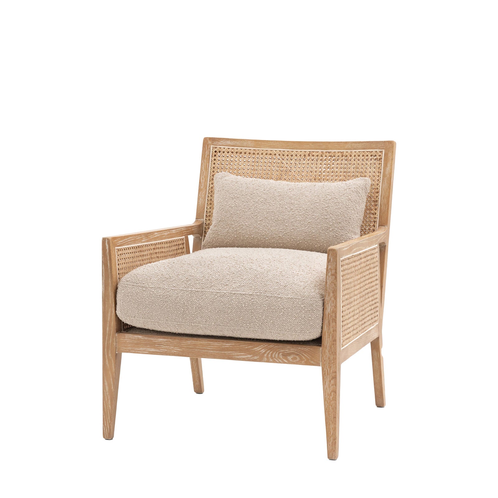 Osaka Natural Rattan Armchair with solid wood frame, woven rattan backrest and cream upholstered seat — stylish Scandinavian accent chair for living rooms and bedrooms. | malletandplane.com
