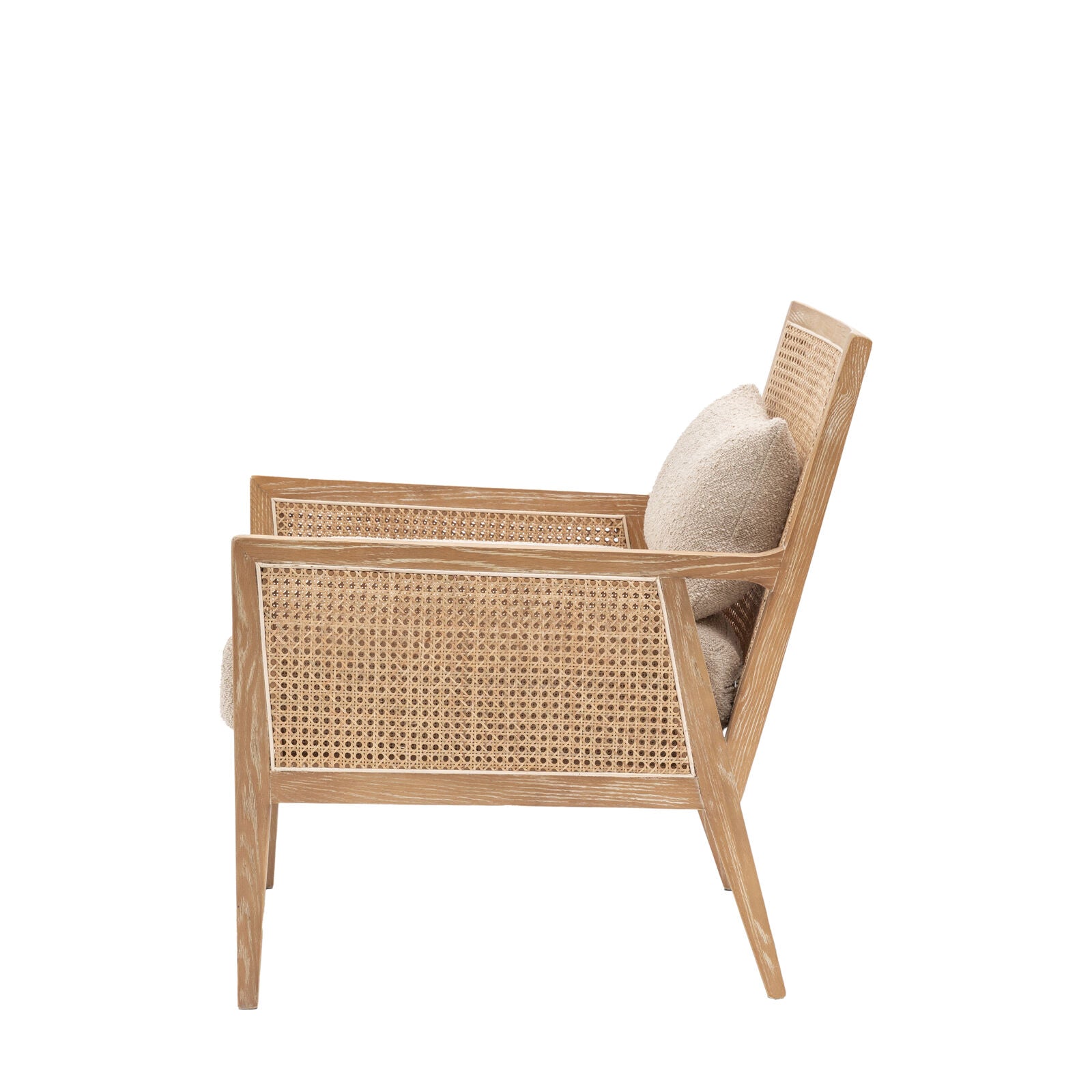 Osaka Natural Rattan Armchair with solid wood frame, woven rattan backrest and cream upholstered seat — stylish Scandinavian accent chair for living rooms and bedrooms. | malletandplane.com