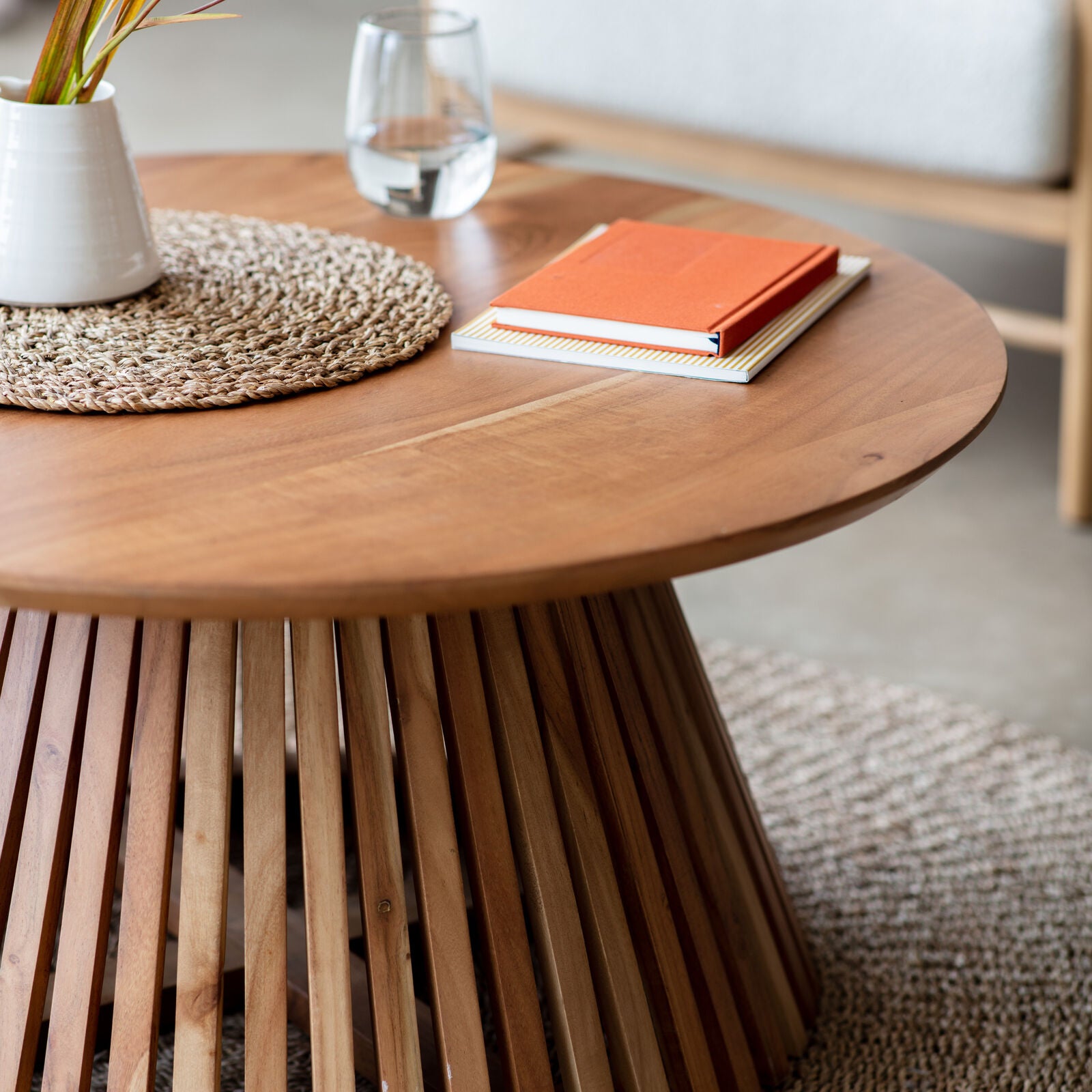 Regan solid acacia wood slatted 800mm round coffee table | malletandplane.com