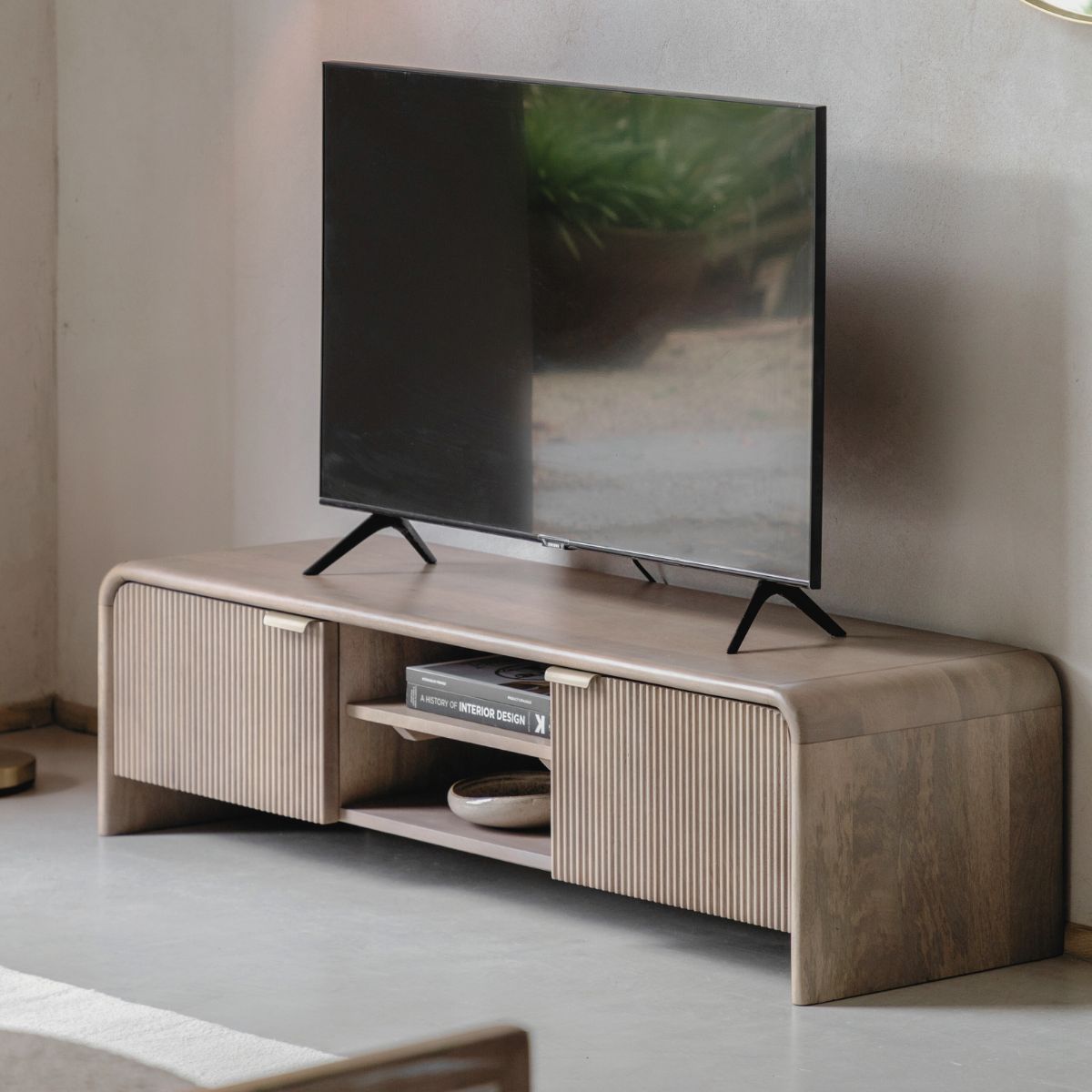 Rocca mango media unit  TV Stand with curved edges and fluted doors | malletandplane.com