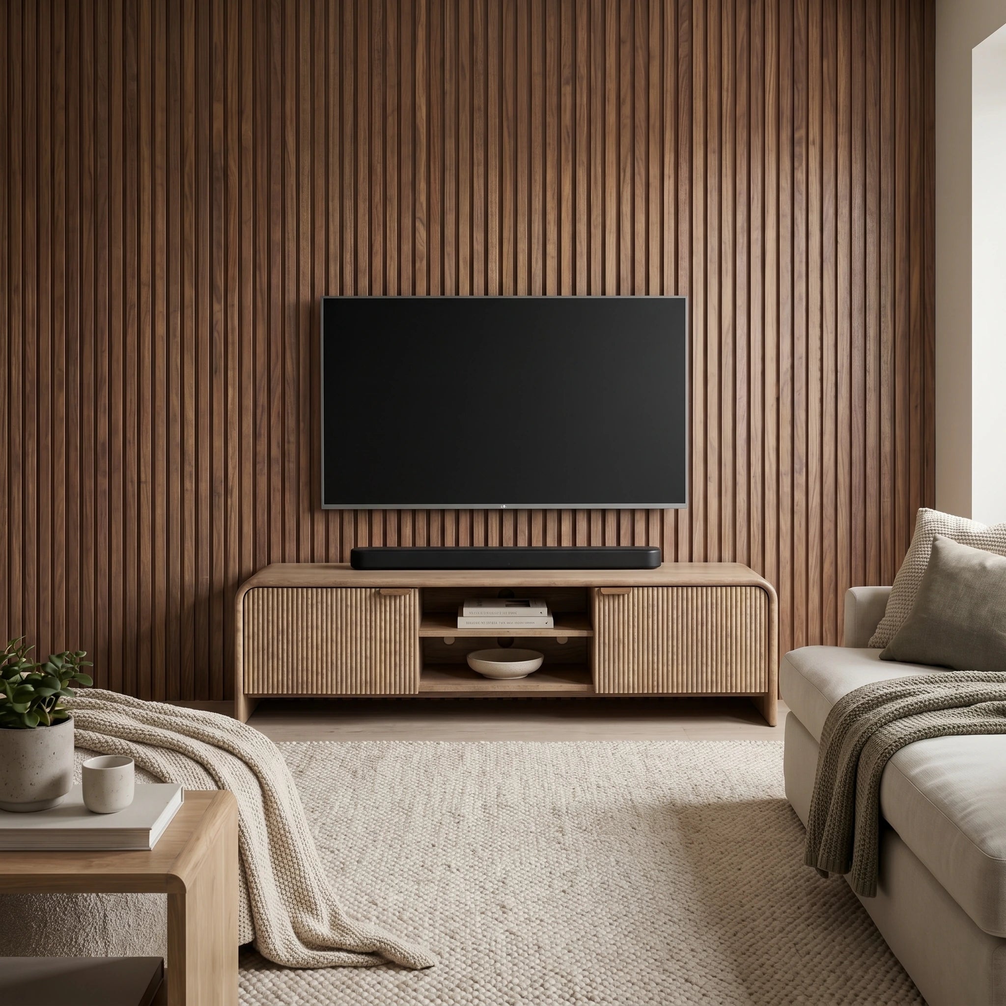 Rocca mango media unit  TV Stand with curved edges and fluted doors