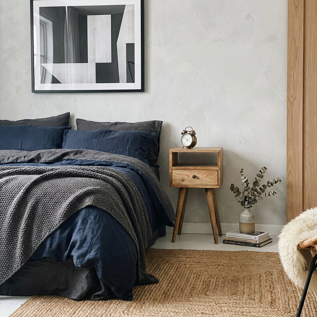 Ronan handmade solid mango wood small bedside table in a fine mango finish