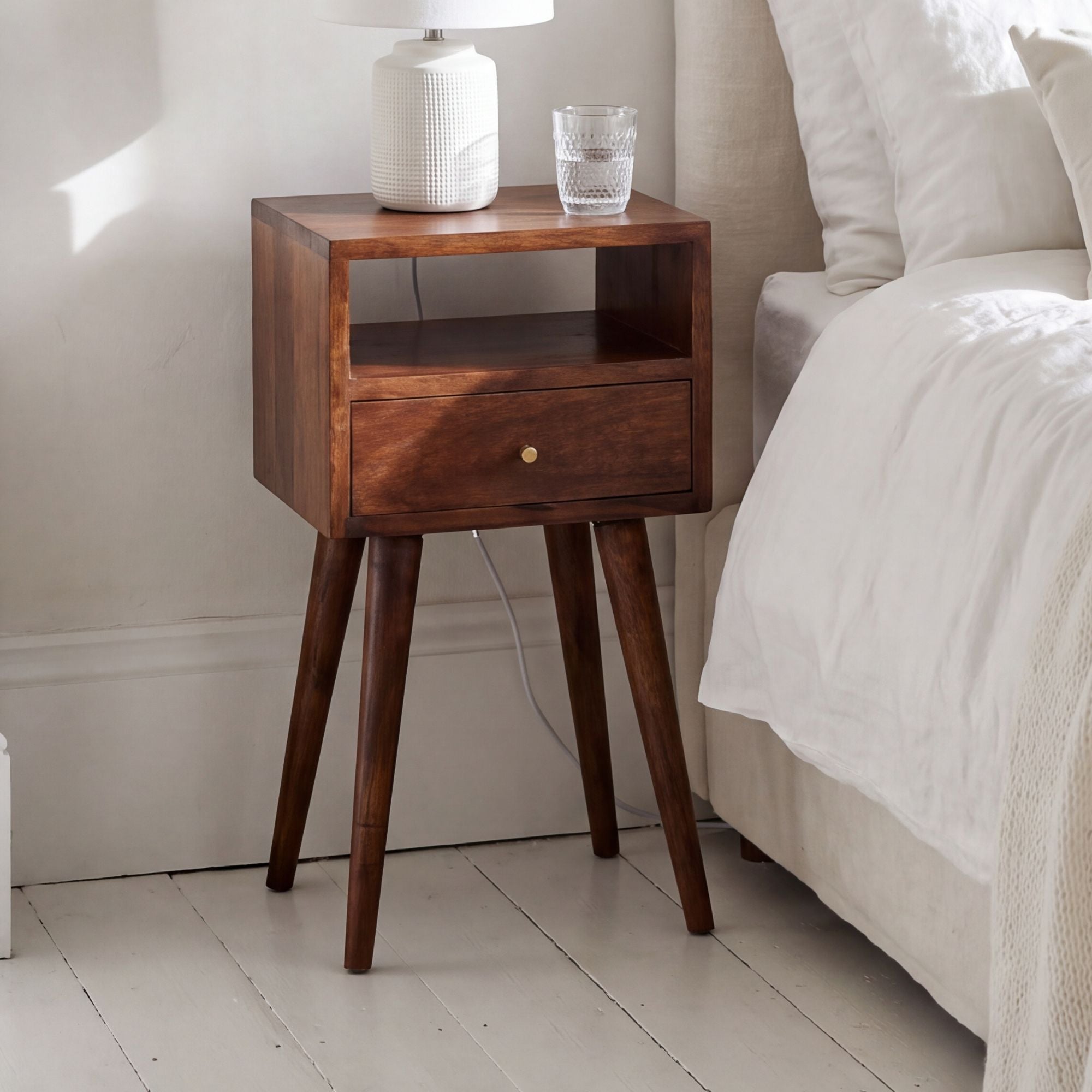Ronan handmade solid mango wood small bedside table in a deep chestnut finish