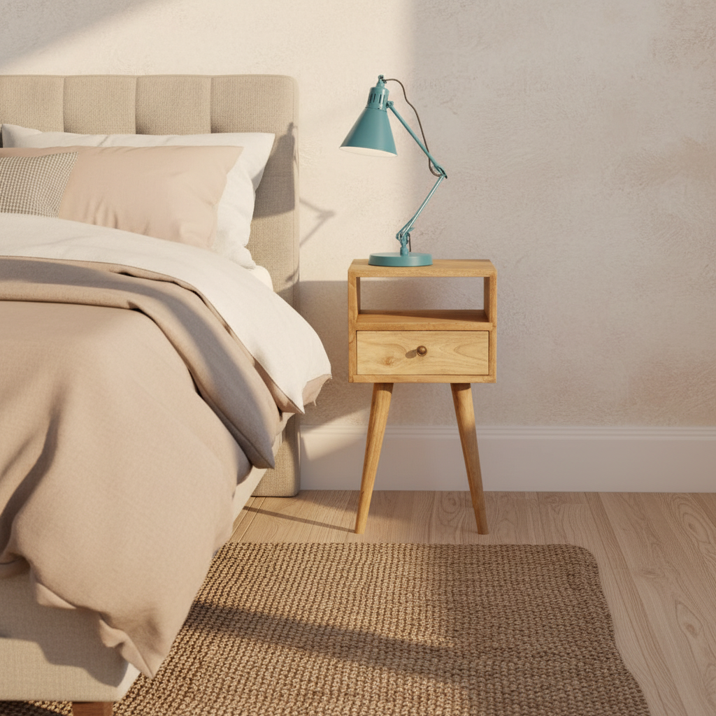 Ronan handmade solid mango wood small bedside table in a fine mango finish  | malletandplane.com